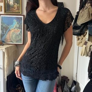 M. Nicole Vintage 90s Black Sparkly Crochet Vneck Blouse Whimsygoth Medium